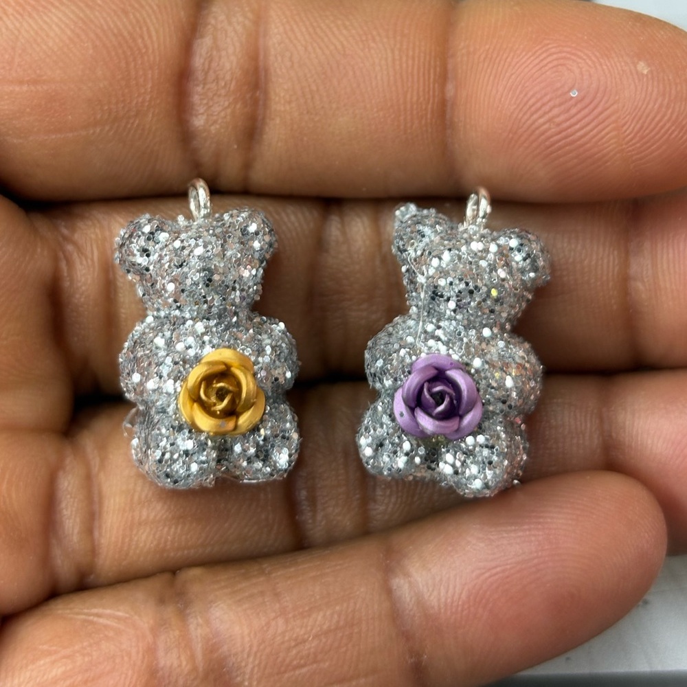 Silver Glitter Bear Charms with Yellow and Purple Roses